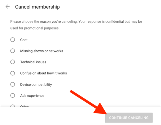 selecting Continue canceling again